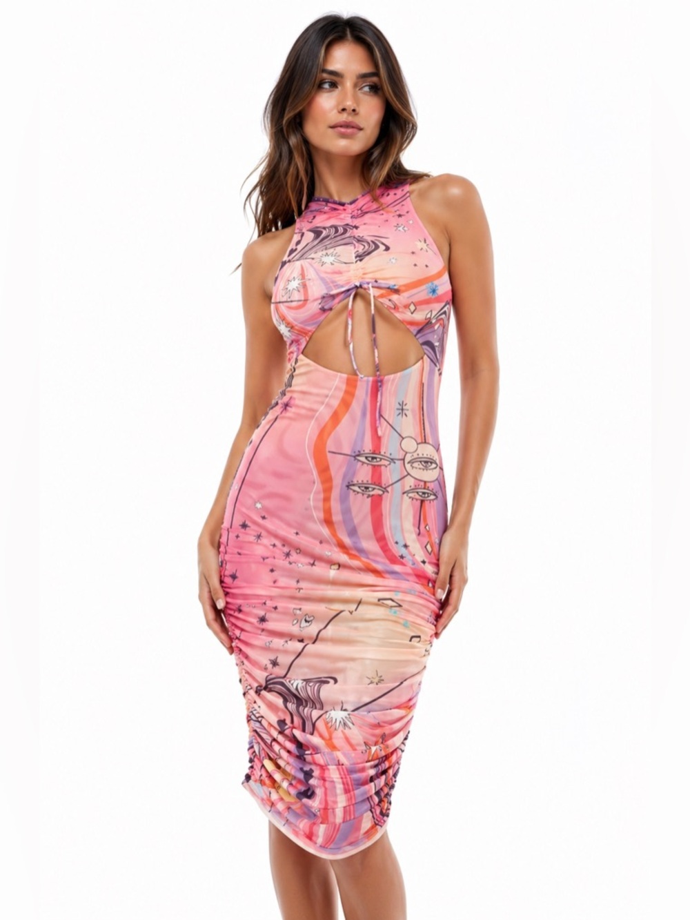 Agua Bendita Stormi Pink Mesh Cutout Midi Dress Size L NWT